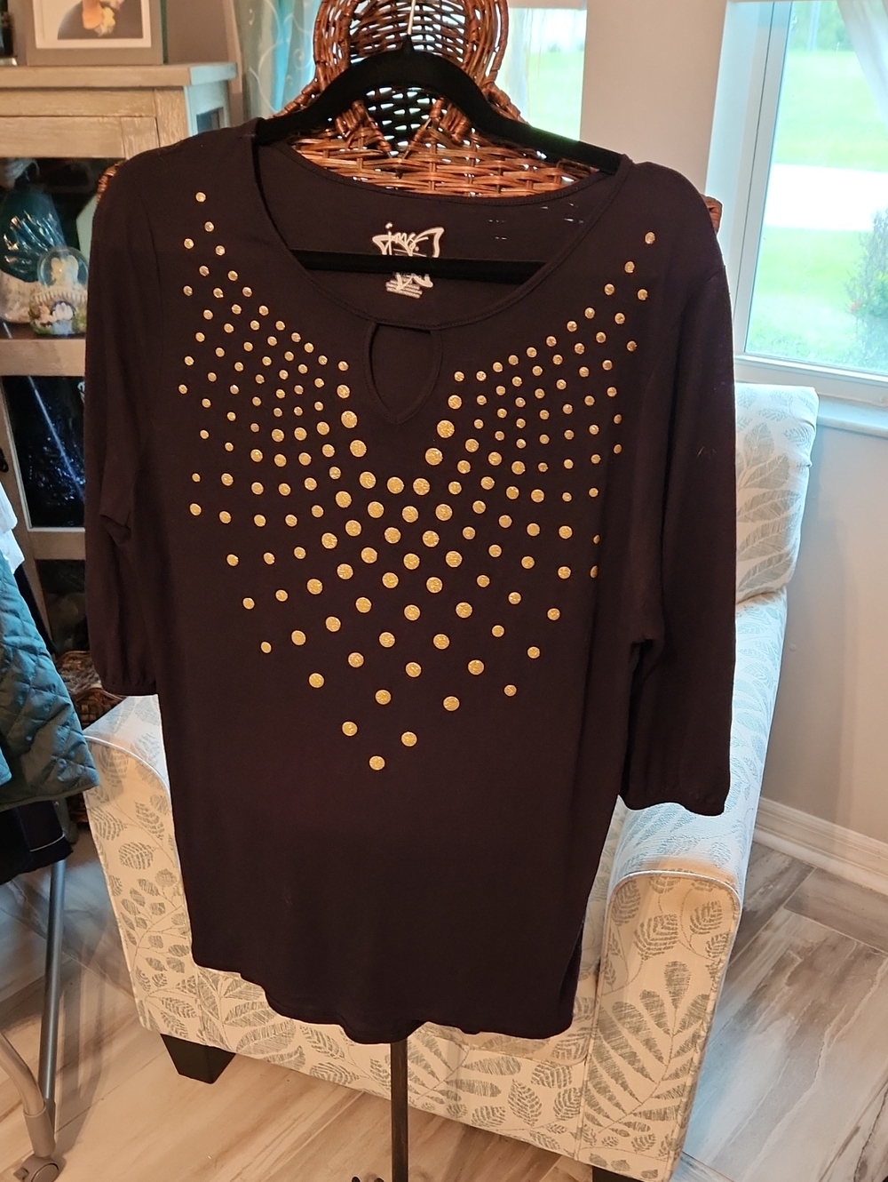 Just My Size Black Long-Sleeve Top with Gold Glitter Circle Detailing
